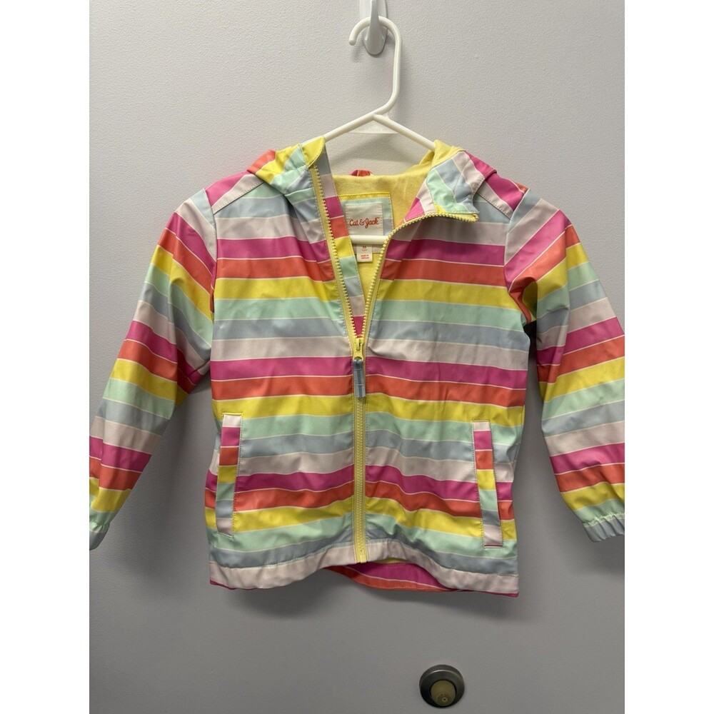 Cat & Jack Rain Coat Girl L Rainbow Stripe Hood Waterproof Spring Jacket Rainbow